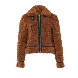 NWT STAND STUDIO Audrey Moto Jacket Womens 34 XS Brown Sherpa Faux Shearling NEW